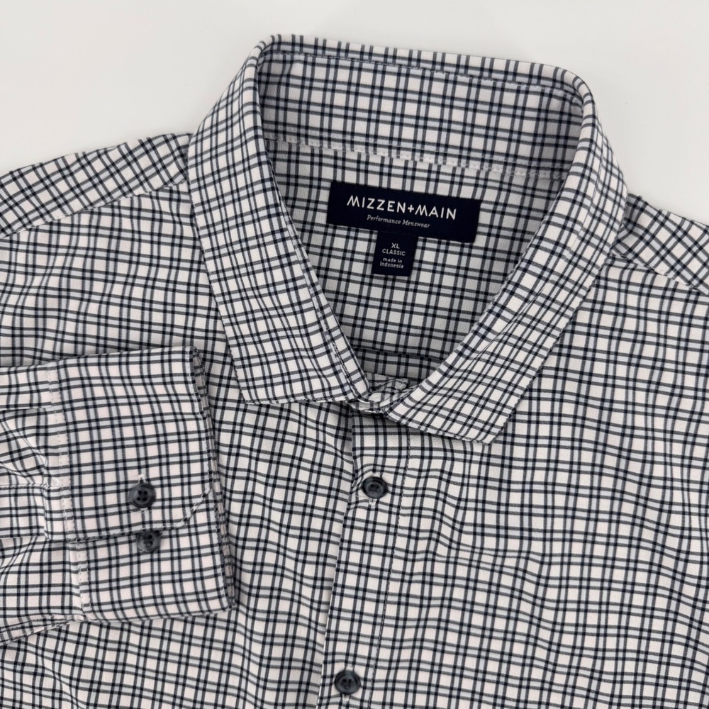 Mizzen+Main Dress Shirt Mens XL White Navy Grid Check Performance Classic Fit